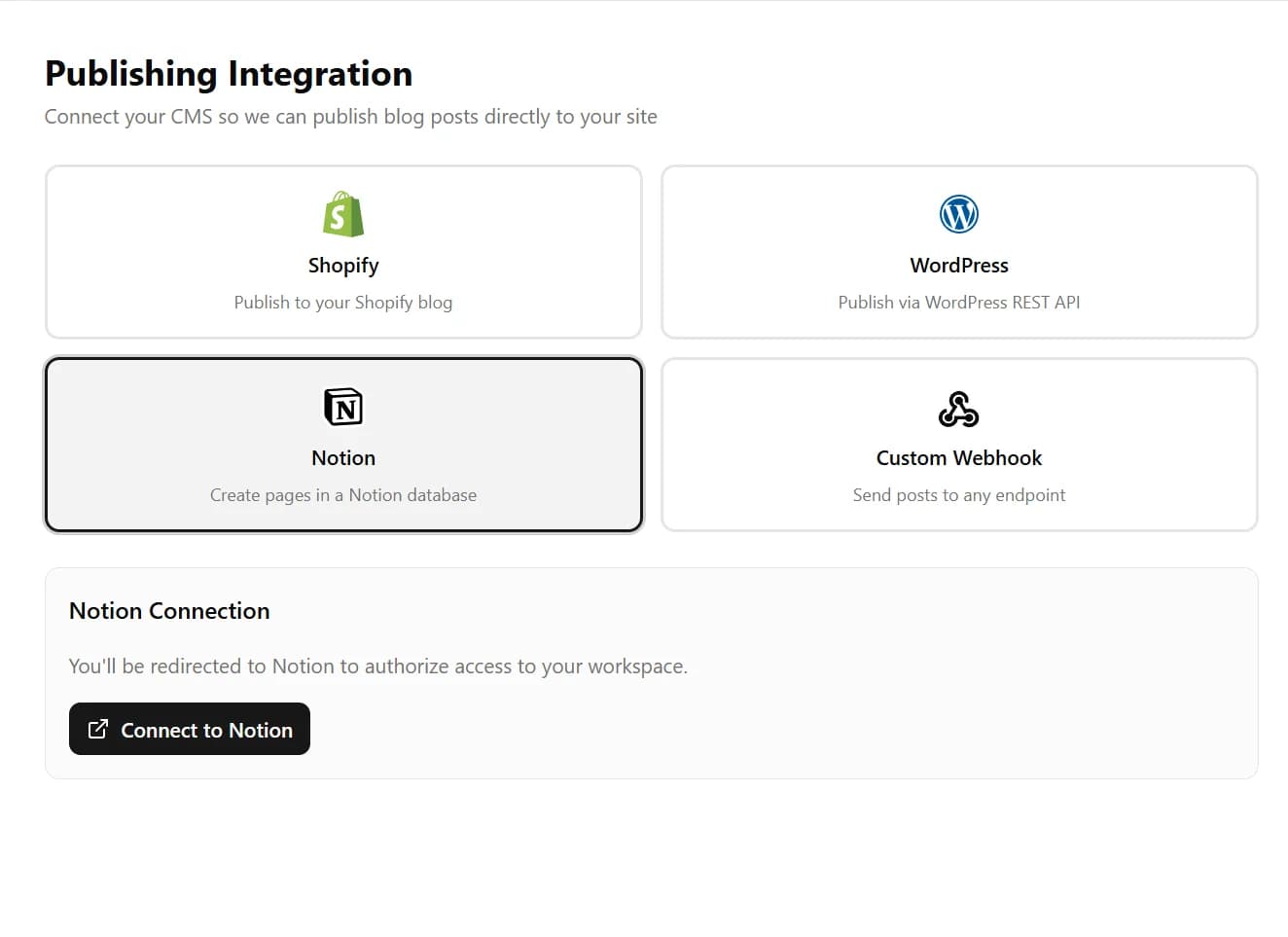 Notion card selected on the integration page with Connect to Notion button