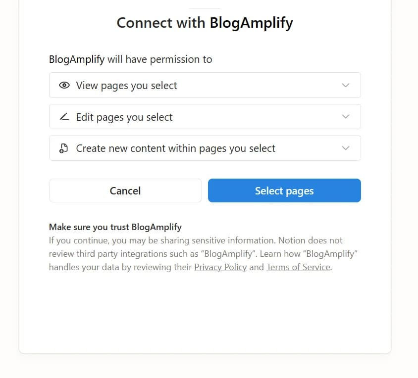 Notion authorization page showing BlogAmplify permissions and Select pages button