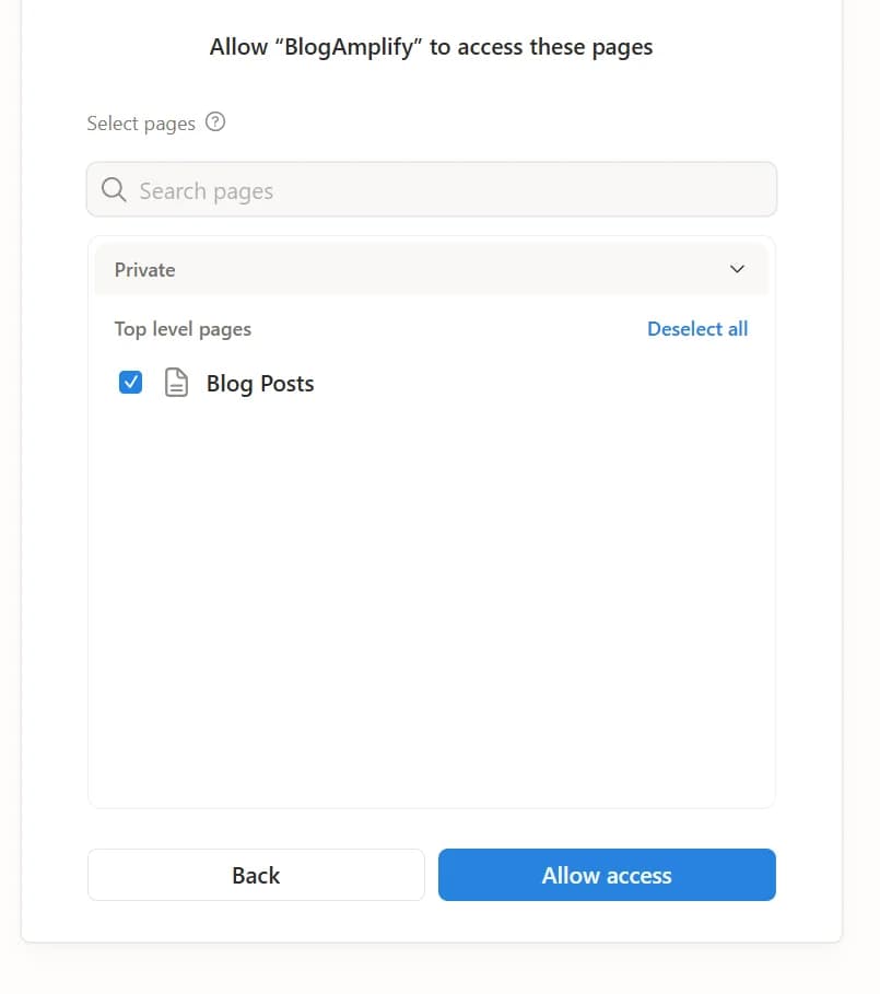 Notion page selection with Blog Posts database checked and Allow access button