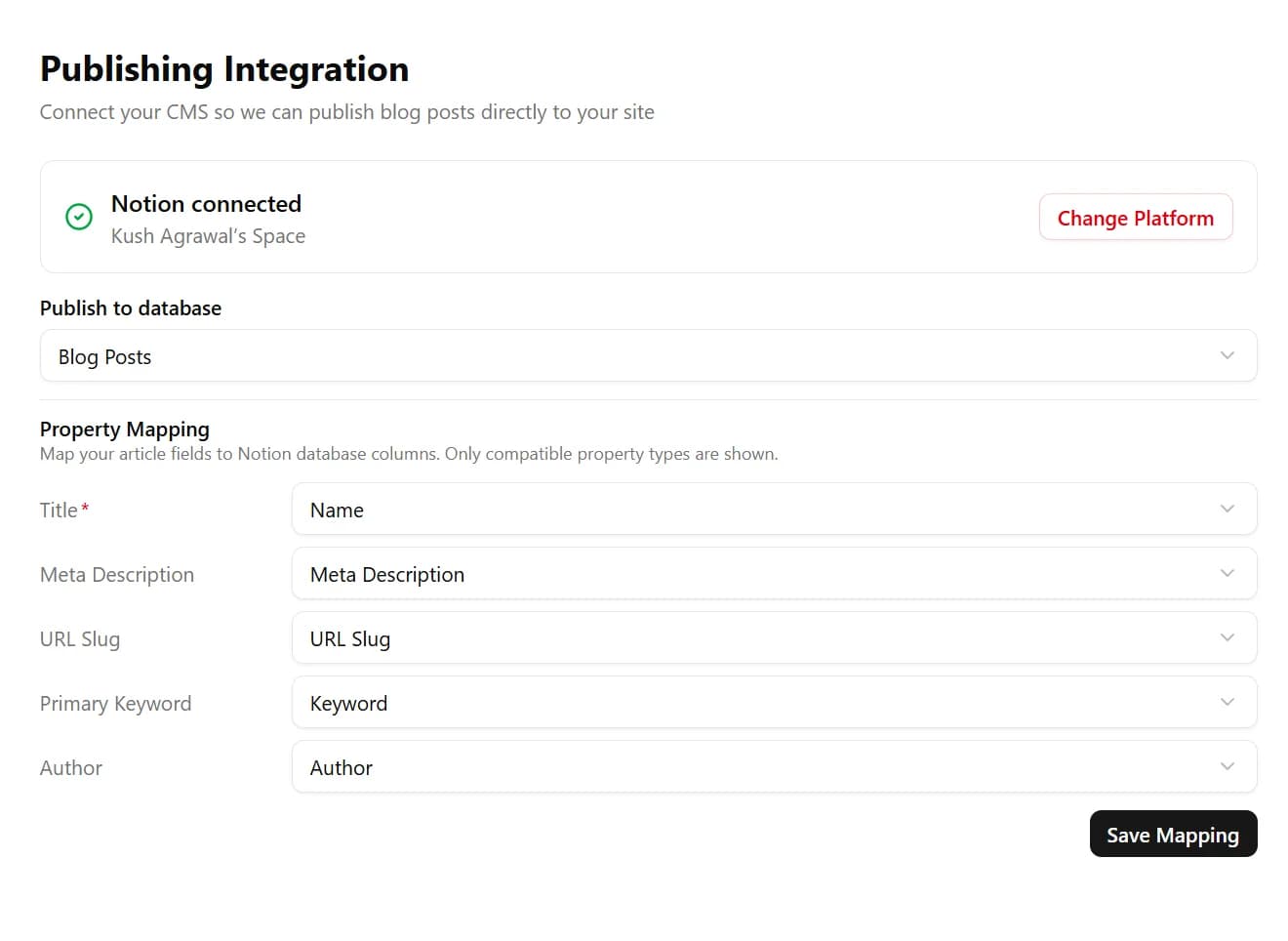 Property mapping interface showing Title, Meta Description, URL Slug, Primary Keyword, and Author fields mapped to Notion columns