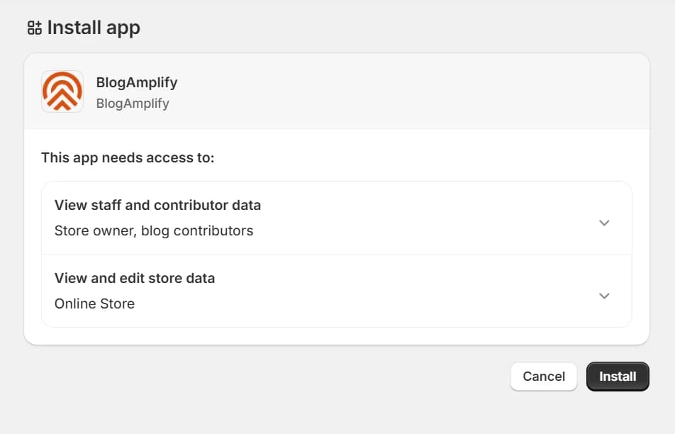 Shopify Install app authorization page for BlogAmplify