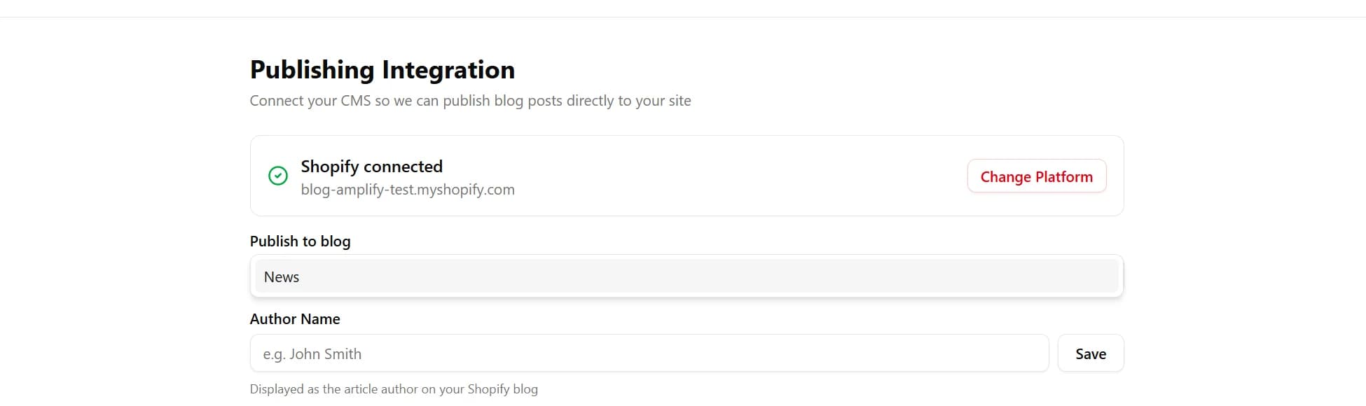 Shopify connected with blog dropdown showing News blog selected