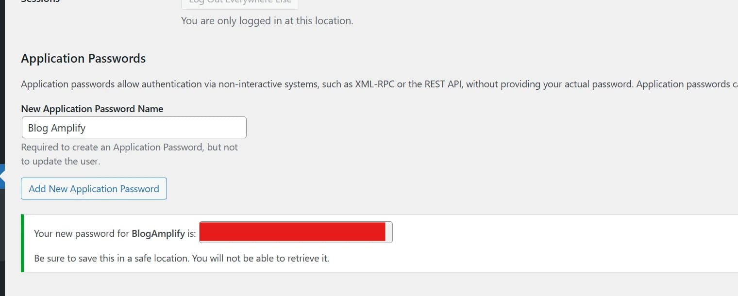 WordPress Application Passwords section with Blog Amplify password generated