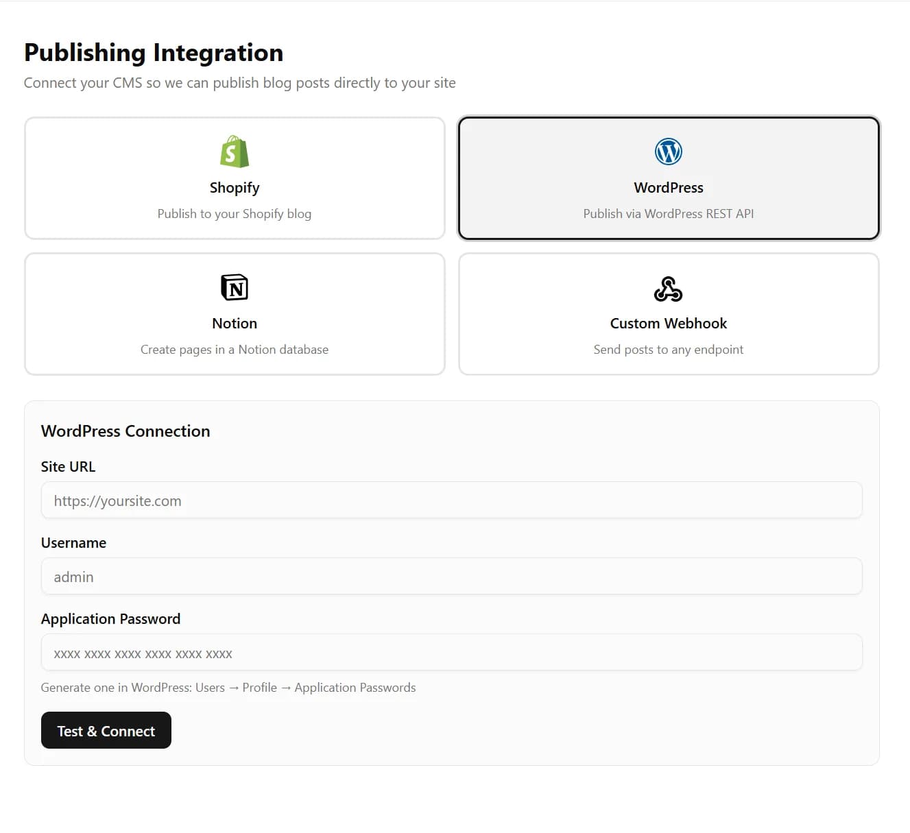 WordPress card selected on integration page with Site URL, Username, and Application Password fields
