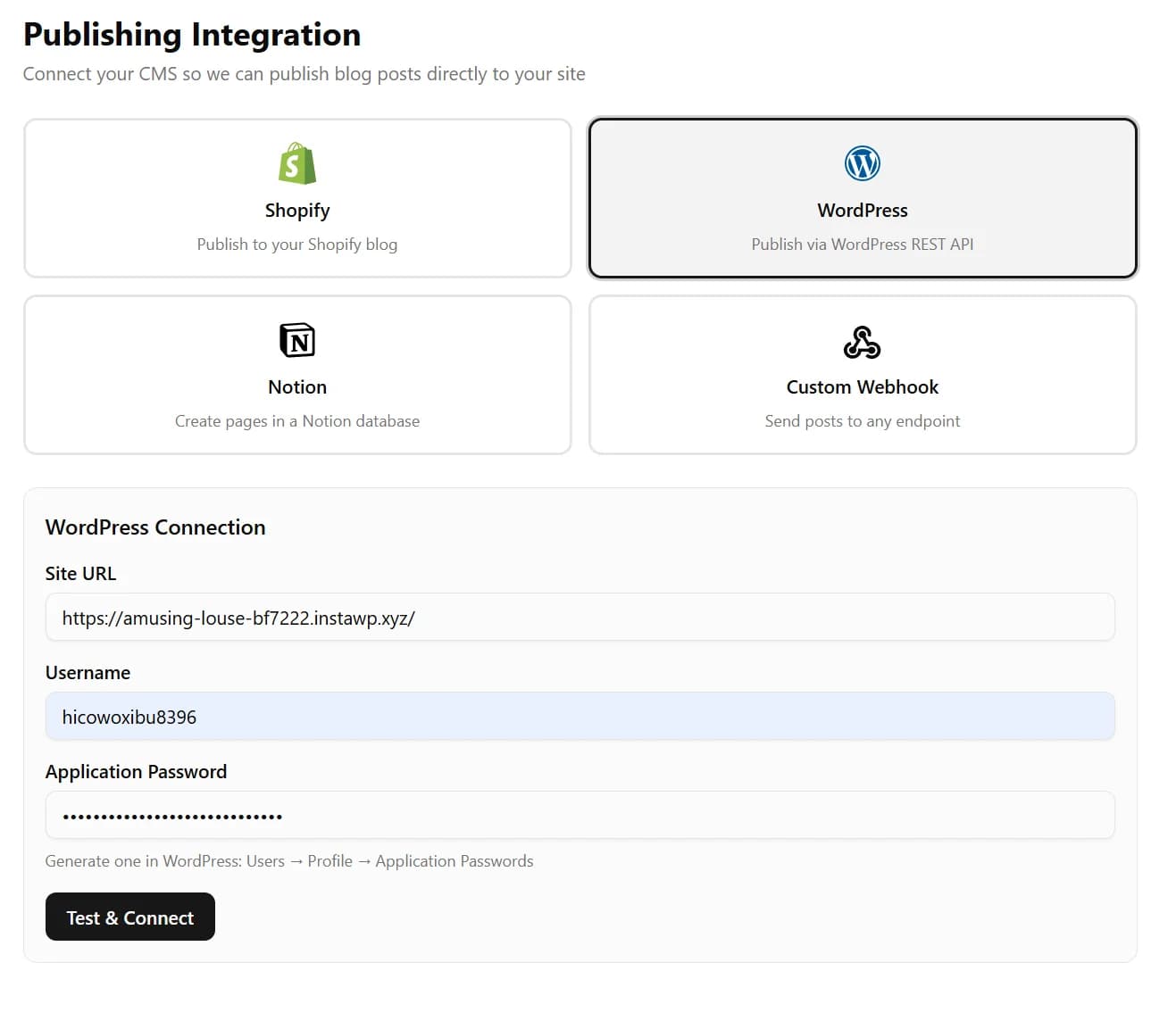 WordPress connection form with Site URL, Username, and Application Password filled in
