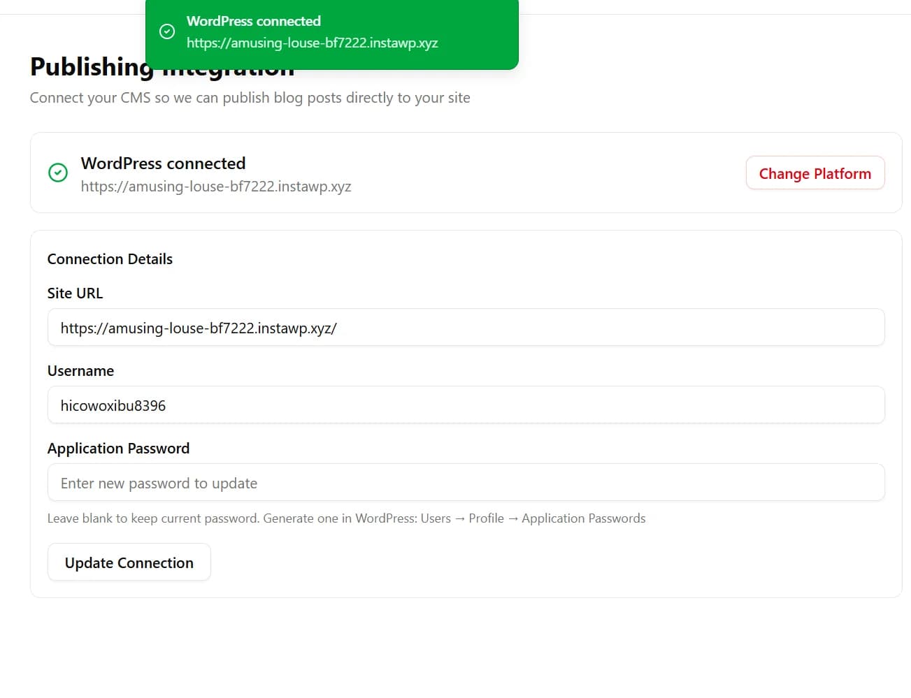 WordPress connected confirmation with green success toast and Connection Details