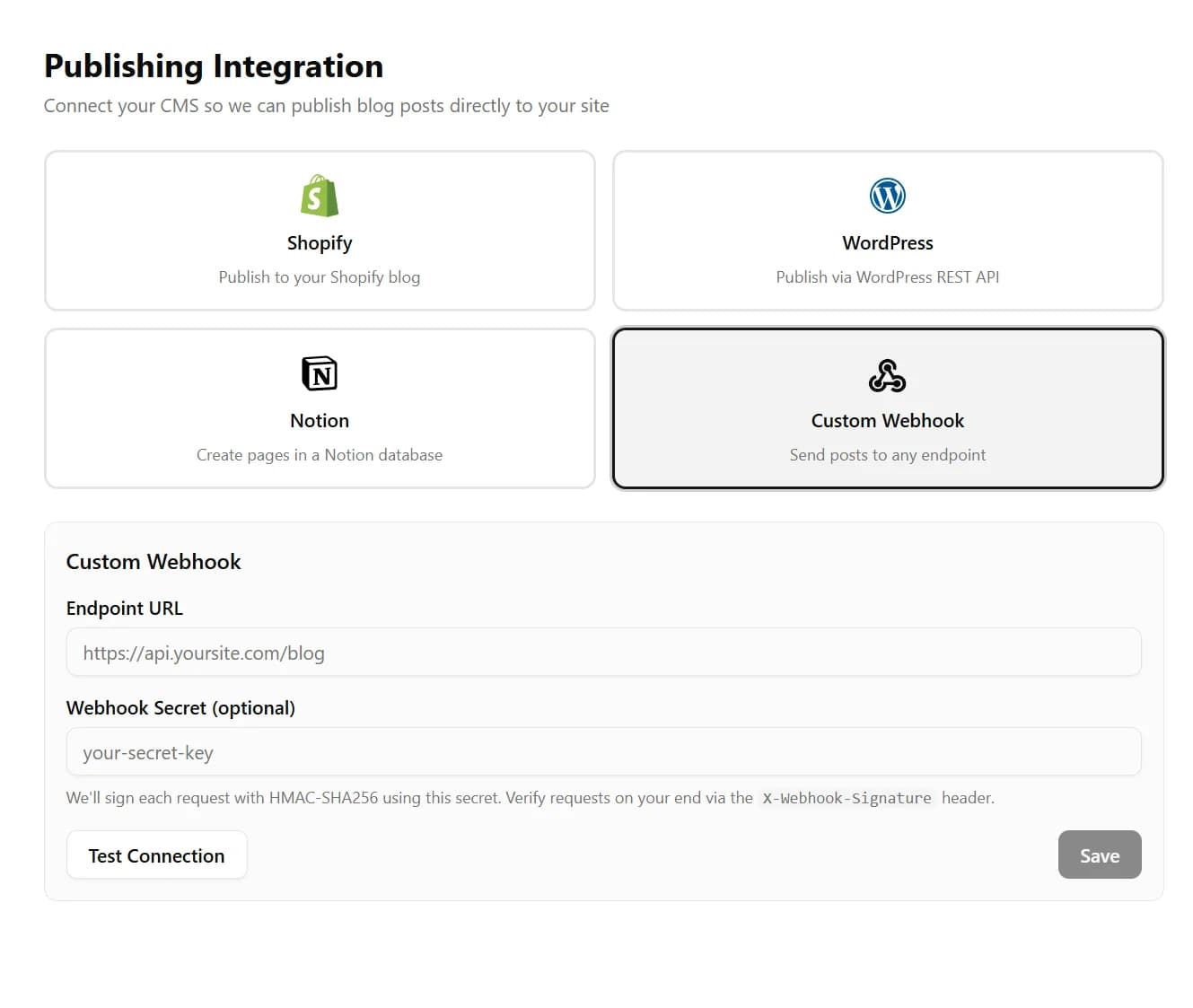 Custom Webhook card selected with Endpoint URL and Webhook Secret fields