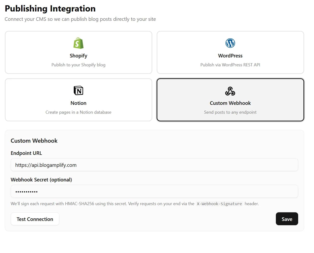 Webhook form with Endpoint URL and Webhook Secret filled in